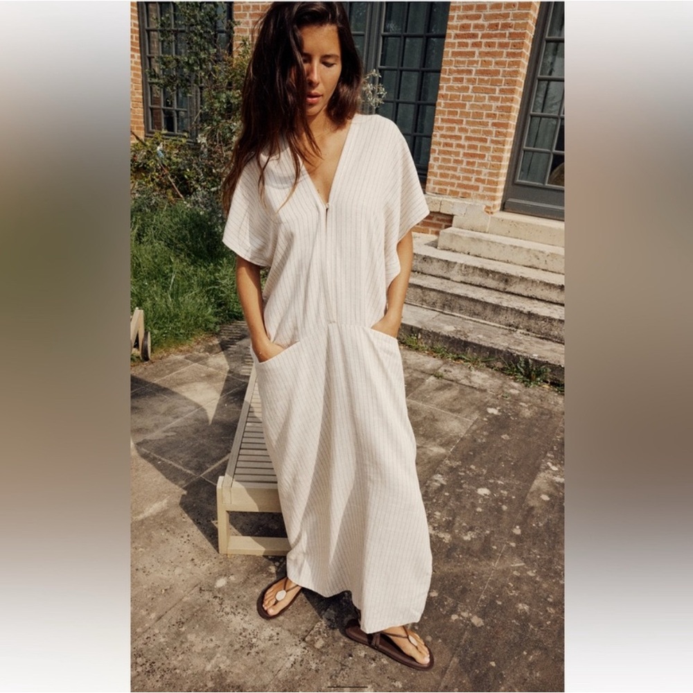 Zara Linen Blend Ecru Kaftan Maxi Dress with Front Pockets and Side Slit